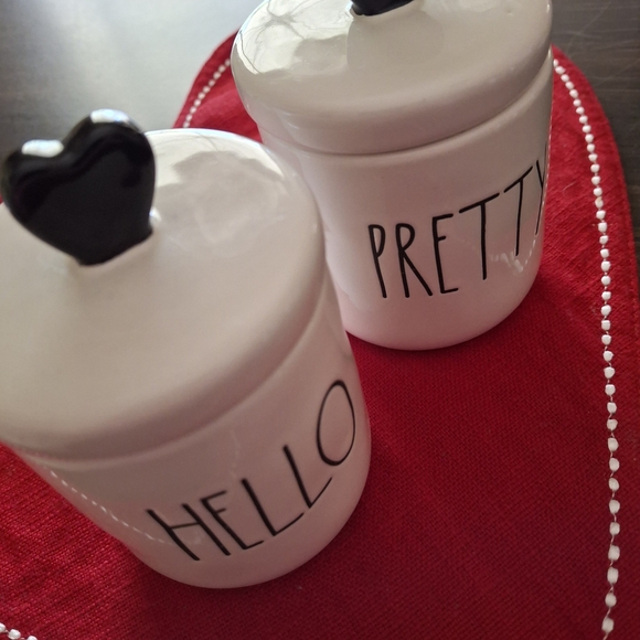 Rae Dunn Cream Ceramic Canisters "HELLO" and "PRETTY" with Black Lettering - Picture 3 of 4